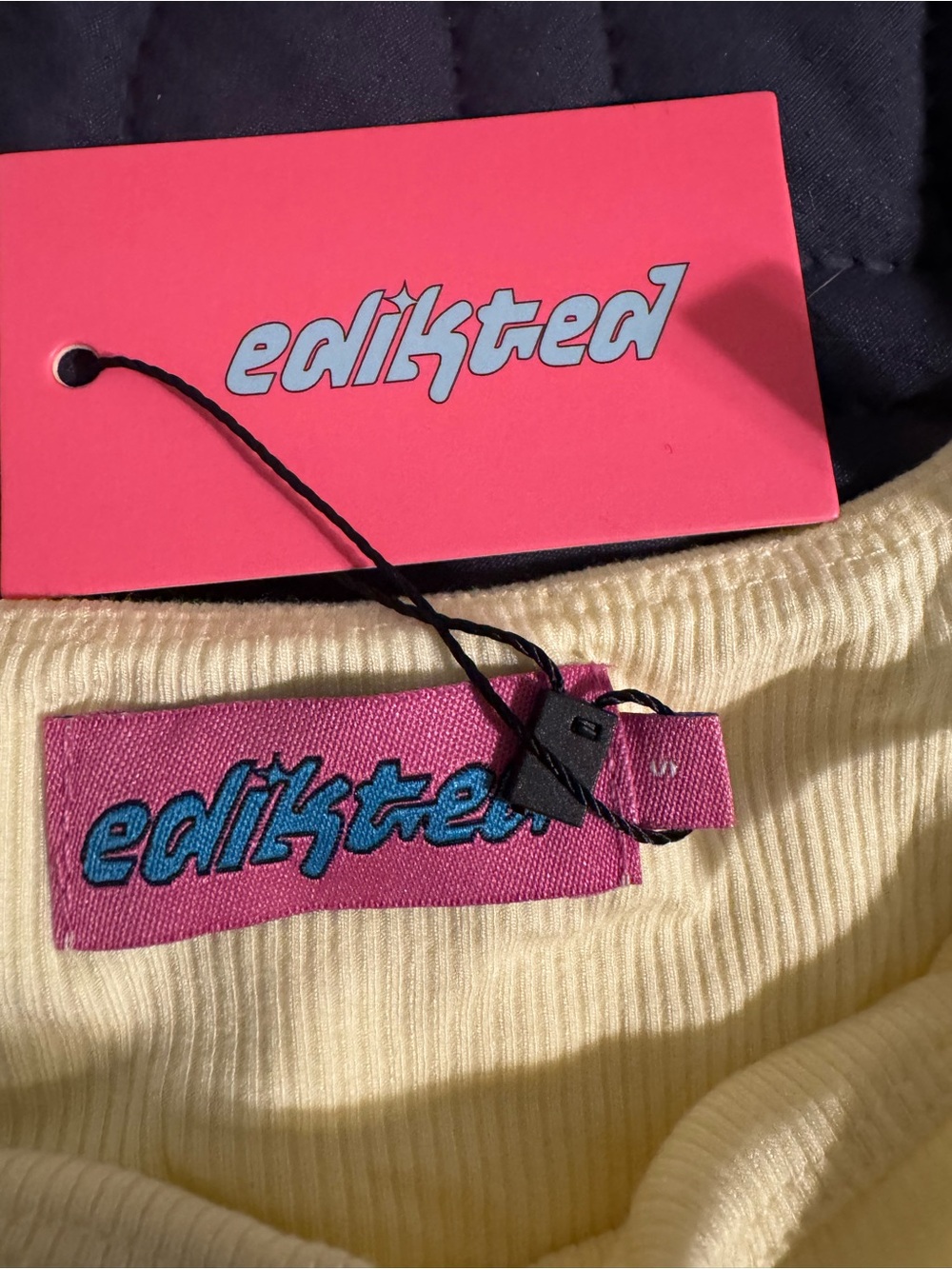 Edikted Cream Ribbed Cowl Neck Sweater with Pink Brand Tag